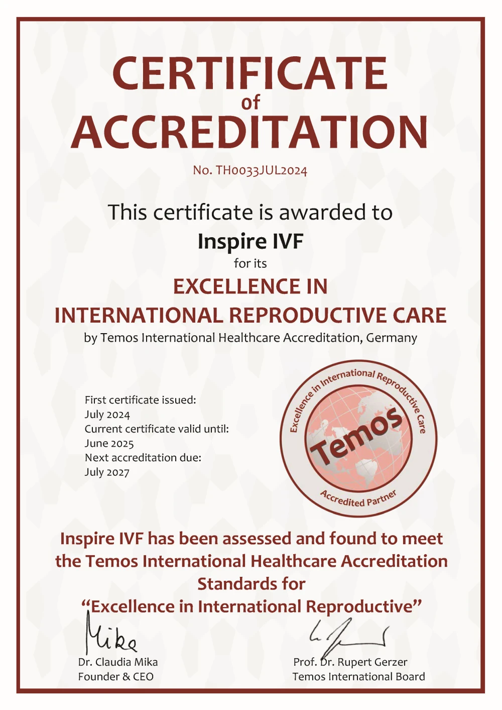 Excellent in International Reproductive Care by Temos International Healthcare Accreditation, Germany