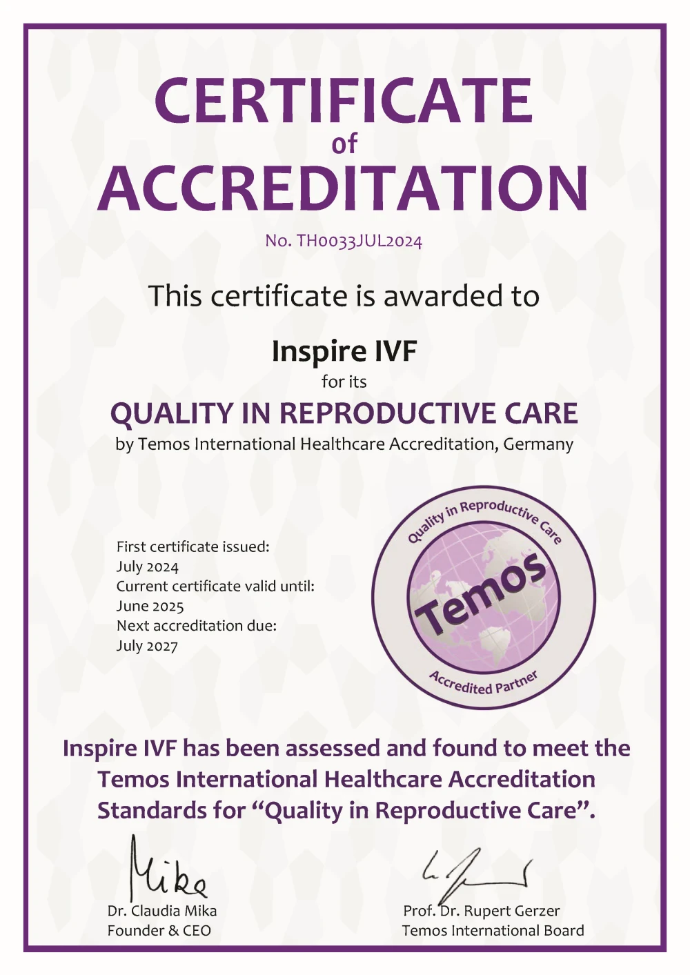 Quality in Reproductive Care by Temos International Healthcare Accreditation, Germany