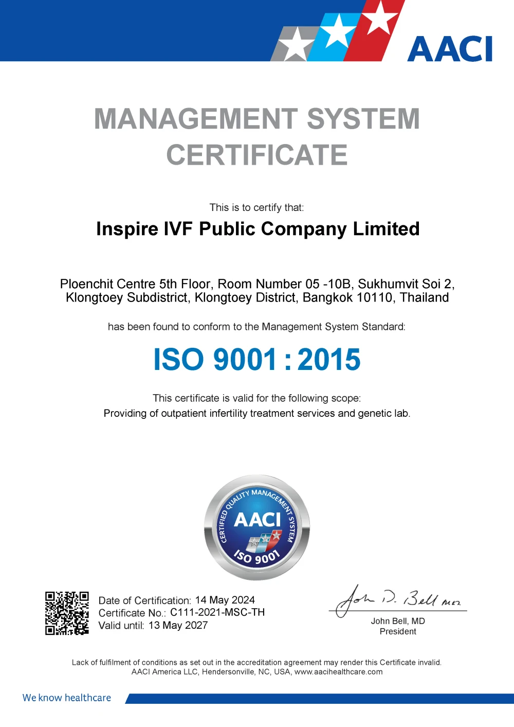 ISO 9001:2015 for outpatient infertility treatment services and genetic lab