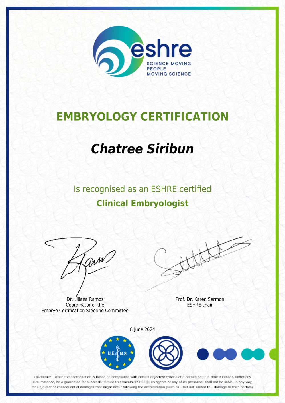 Clinical Embryologist ESHRE Certificate ในปี 2024