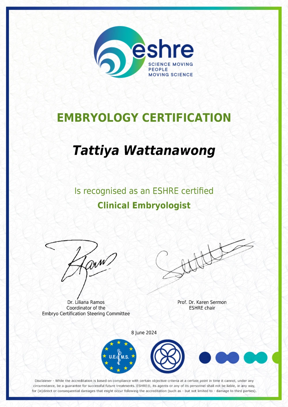 Clinical Embryologist ESHRE Certificate ในปี 2024